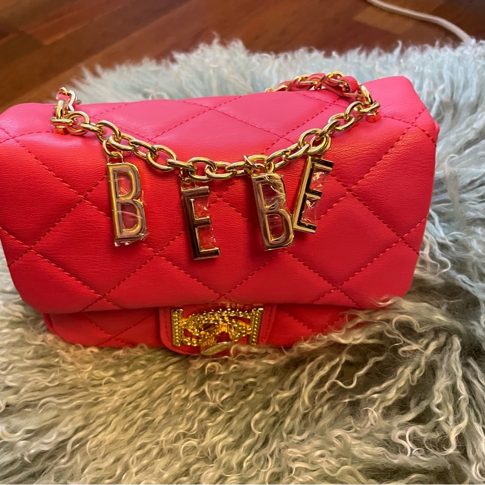 Bebe Hot Pink Quilted Shoulder Bag with Gold Chain